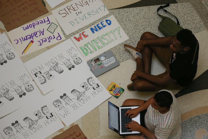 Demonstrators participate in a sit-in for the protection of academic freedom and DEI at the Capitol on Thursday, March 23, 2023. Supporters of DEI practices are protesting House Bill 1- Rider No.186 and Senate Bill 16.